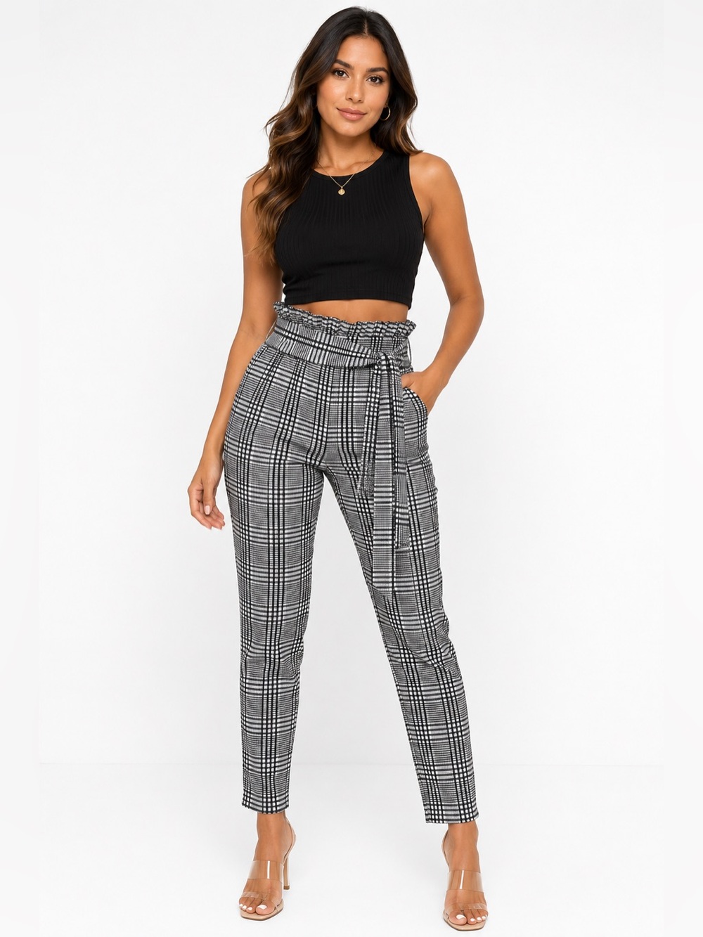 High-Waist Fitted Plaid Paperbag Pants